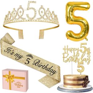 5th Birthday Decorations for Girls, Including Sash and Tiara, 5 Candles and Cake Toppers, Number 5 Balloon Gold, 5th Birthday Gifts for Girls (Gold)