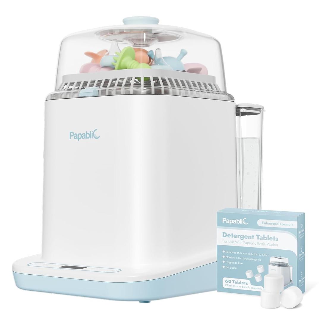 Papablic Bottle Washer Pro, Baby Bottle Washer & Sterilizer & Dryer, 4-in-1 Bottle Washer Sanitizer for Bottles, Pump Parts, & Baby Essentials - Quick & Clean with 60 Detergent Tablets (White)