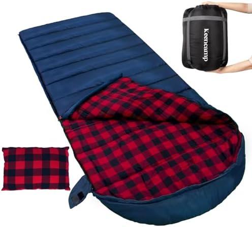 Keencamp 0 Degree Sleeping Bag Cotton Flannel Winter Cold Weather for Adults XXL Sleeping Bag 4 Season Big and Tall with Pillow Compression Sack