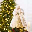 Glitzhome Handmade Faux Fur Angel Figurine Christmas Treetop Ornament Decoration 12" H - Beige