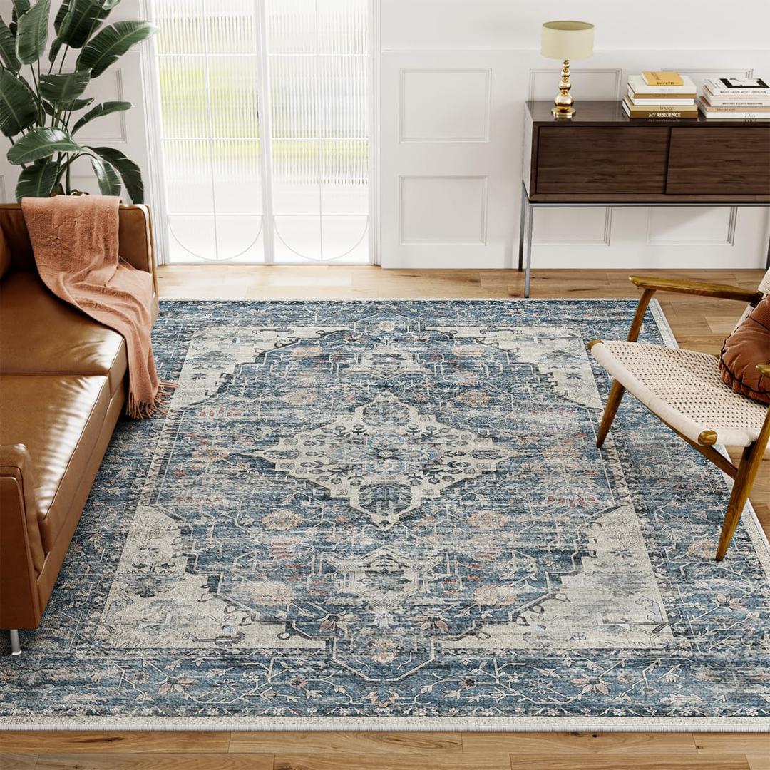 Eleisa 8x10 Area Rugs for Living Room, Blue Machine Washable Low Pile Area Rug, Stain Resistant Vintage Home Decor Rug for Bedroom, Dining Room, Home Office