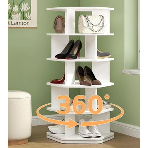 ASHLEYRIVER Rotating Shoe Rack, 5-Tier Wood Storage Spinning Shoe Rack Tower, Free Standing 360° Shoes Rack Organizer for Entryway, Garage, Bedroom, White