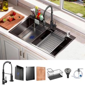 28x18 Black Drop-in Kitchen Sink: Deep Single Bowl Stainless Steel Workstation with Faucet & Accessories Combo for Family Kitchen—Scratch Resistant & Noise Reducing