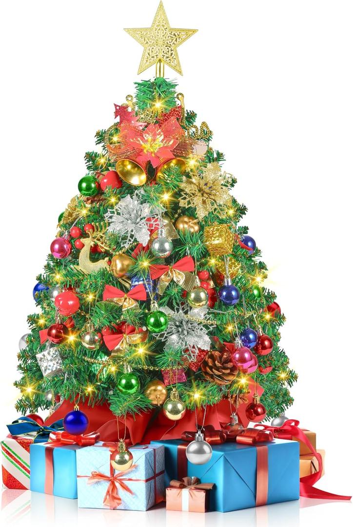 2FT Mini Christmas Tree, Small Christmas Tree with Lights, Prelit Tabletop Christmas Tree with 100 Branch Tips and 80+ DIY Ornaments, Christmas Decorations Indoor and Gifts for Men Women (Pine Green)