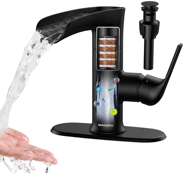 MakeFit Bathroom Faucets, Waterfall Sink Faucet with Hard Water Filter, Black Rv Bathroom Sink Faucet with 360° Swivel Spout for 1-Hole or 3-Hole, Single Handle Bathroom Sink Faucet with Pop Up Drain, Black