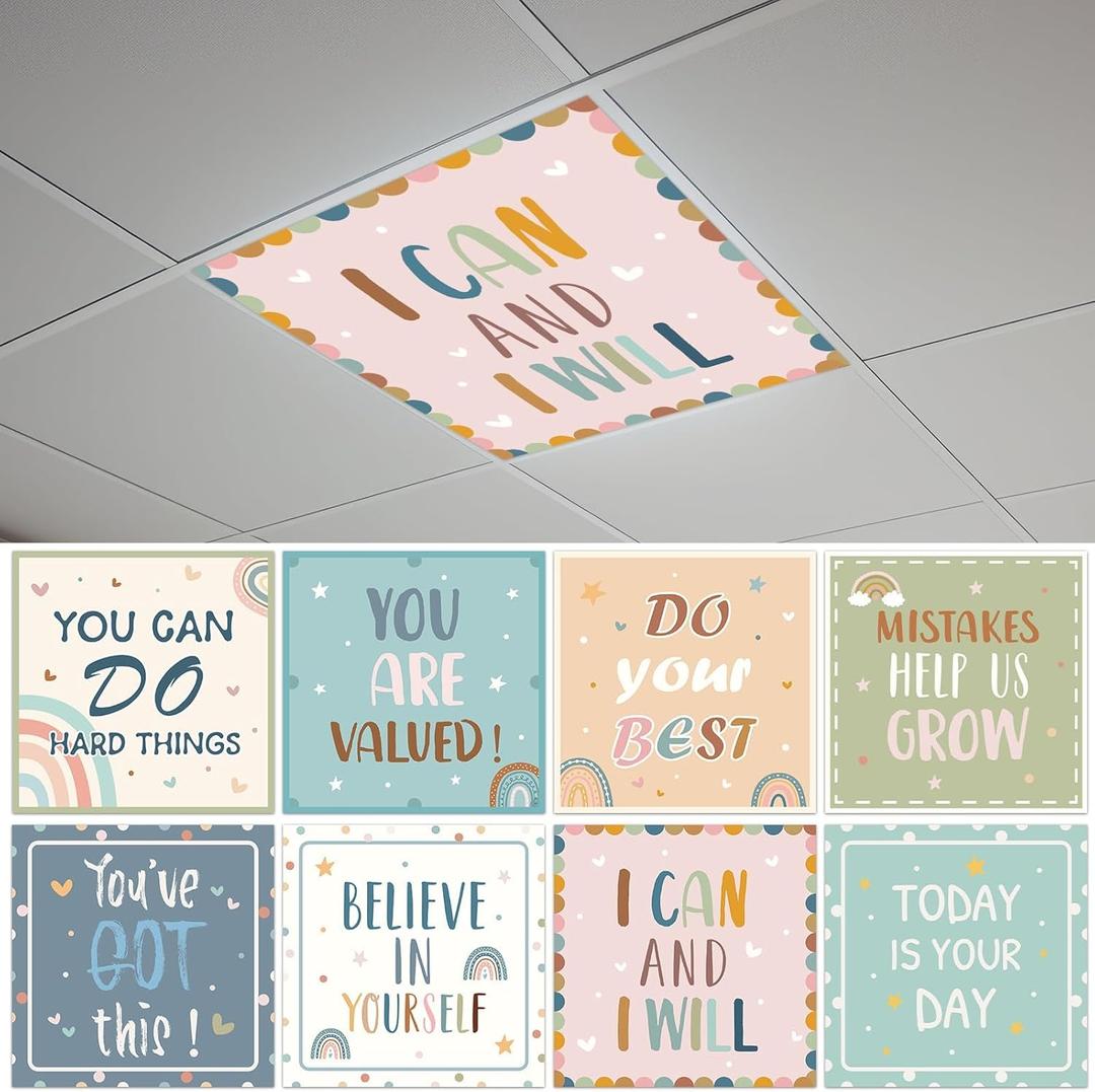 8 Pcs Light Covers with 64 Magnets Decorative for Classroom Ceiling Lights 2 x 2 Feet Magnetic Light Cover Filter Easy Install for Office Hospital Home Ceiling Supplies (Boho Motivational)