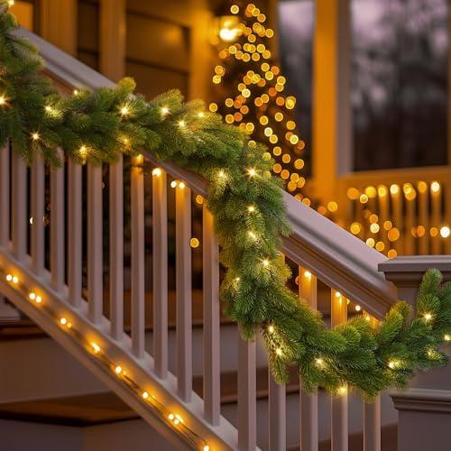 9ft Pre-Lit Christmas Garland, Artificial Lighted Norfolk Pine Garland with Multi-Color Lights, Battery Operated Garland for Mantle Stairs Table Fireplace Xmas Decorations
