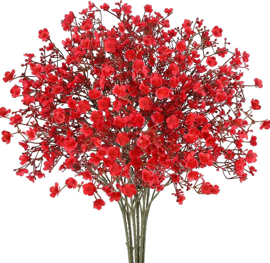 N&T NIETING 6Pcs Babys Breath Artificial Flowers,Real Touch Fake Red Flowers Faux Flowers Bouquets for Vase Home Office Wedding Spring Winter Indoor Outdoor Centerpiece Table Decorations