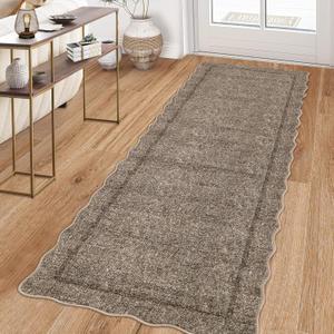 GarveeHome Scalloped Washable Runner Rug 2x6 Runner Non Slip Kitchen Rug Modern Taupe Rug Entryway Rug Farmhouse Soft Bathroom Rugs Stain Resistant Carpet for Hallway Laundry Bedroom 2 ft x6 ft Taupe