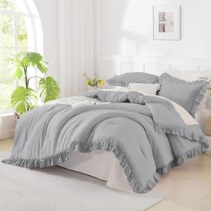 Andency Silver Gray Comforter Set King, 3 Pieces Farmhouse Shabby Chic Ruffle Comforter, Lightweight Fluffy Soft Microfiber All Season Solid Bed Comforter Set (1 Ruffle Comforter & 2 Pillowcases)