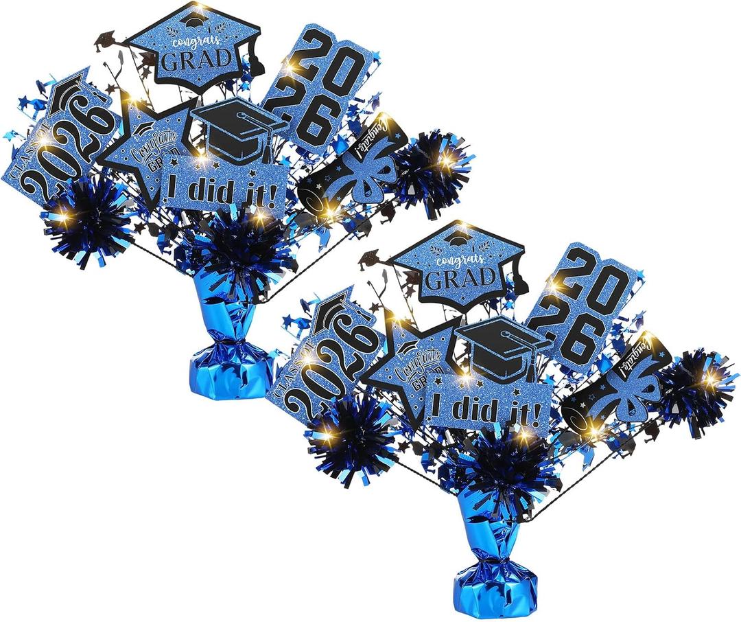 DoubleFill 2 Set Blue Graduation Decorations Class of 2026 Graduation Table Centerpieces Sticks Table Toppers with Lights for College High School Congrats Grad Party Supplies
