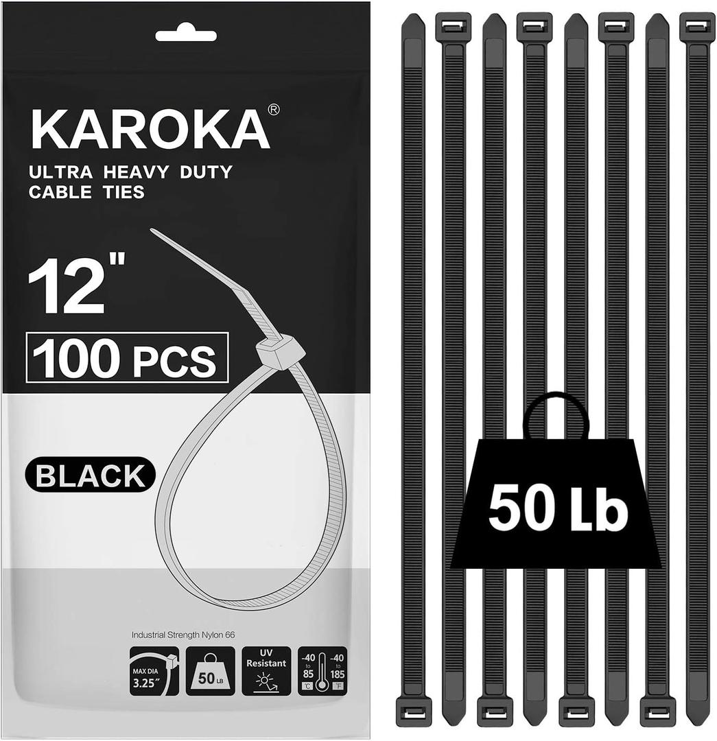 Zip Ties 12 inch (100 Pack), Black, 50 lb, UV Resistant Cable Ties for indoor and outdoor use, by Karoka (12" (100 Pack))
