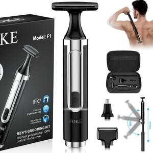 FOKE Back Shaver for Men, Ultra-Wide 1.8" T-Shaped Head, Includes Travel Case, Mens Back Shaver Rechargeable with Long Handle, Safety Lock, Waterproof IPX7, Multi-Functional Body Hair Trimmer,(Black)