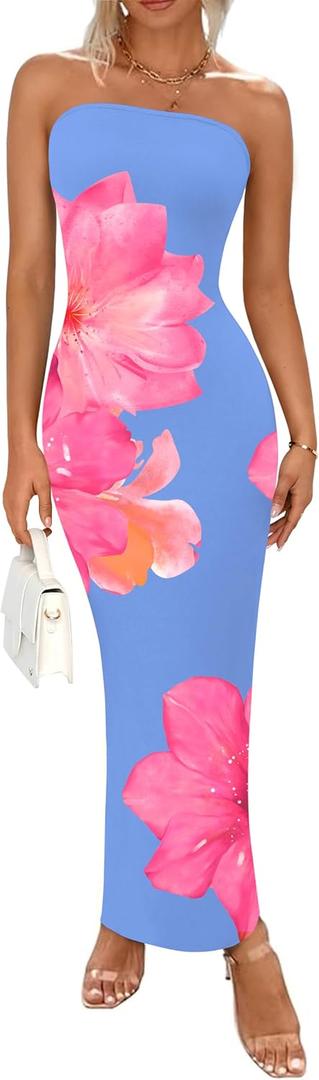 PRETTYGARDEN Women Summer Strapless Maxi Dress Bodycon Floral Sexy Long Wedding Guest Dress Formal Tube Mesh Cocktail Dresses (S)