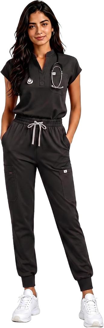 Women' s Sleeveless Scrub Top with Athletic Joggers, 11 Pockets | stand collar style, silky-soft 4-way stretch comfort, breathable cool feel, wrinkle-resistant easy care for long shifts (Black, S)