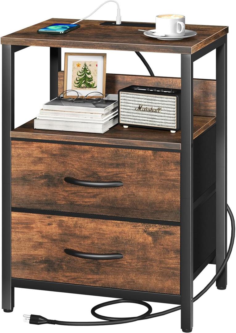 Yoobure Nightstand with Charging Station, Small Night Stand with Fabric Drawers and Storage Shelf for Bedrooms, Small Spaces, Bedside Table with USB Ports & Outlets (Vintage Brown)