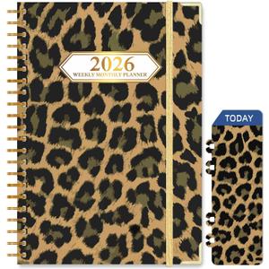2026 Planner, Jan.2026 - Dec.2026 Planner Weekly and Monthly 6.25"x8.5" with Page Tabs, Calendar Hardcover with Inner Pocket, Elastic Band,Twin-Wire Binding,Bookmark, Black Leopard