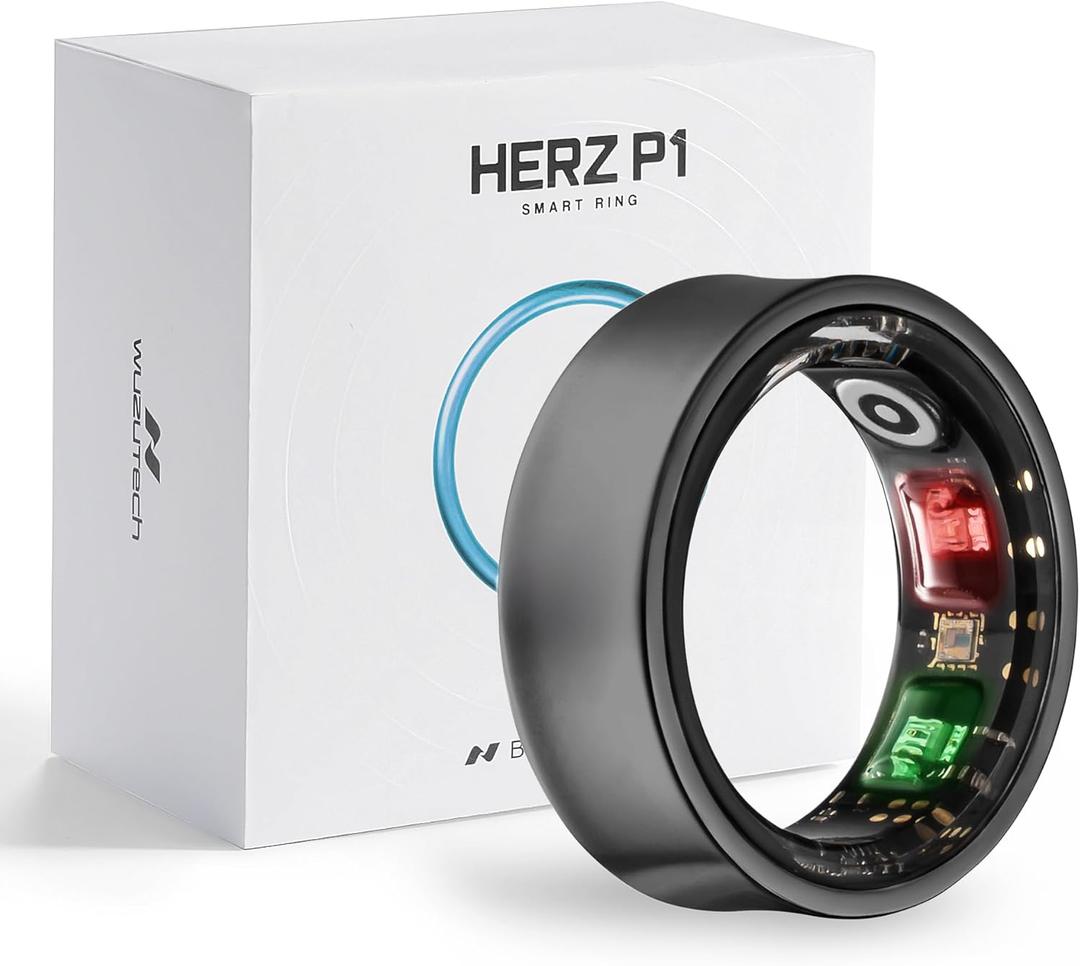 Herz P1 Smart Ring for Women & Men - (Size 6) 24/7 Health Metrics Fitness Ring, Tracks 20+ Biometrics, 6 Day Battery Life, Waterproof Stainless Steel, Free APP for iOS Android, No Subscription (Black)