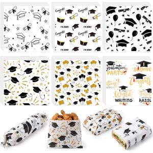Reallnaive 300 Pcs Graduation Wax Paper Sheets 12 x 12 Inch Black and Gold Parchment Deli Tissue Paper Sandwich Wrapping Sheets Food Basket Liners for Kitchen Restaurant Baking Supplies, 6 Styles