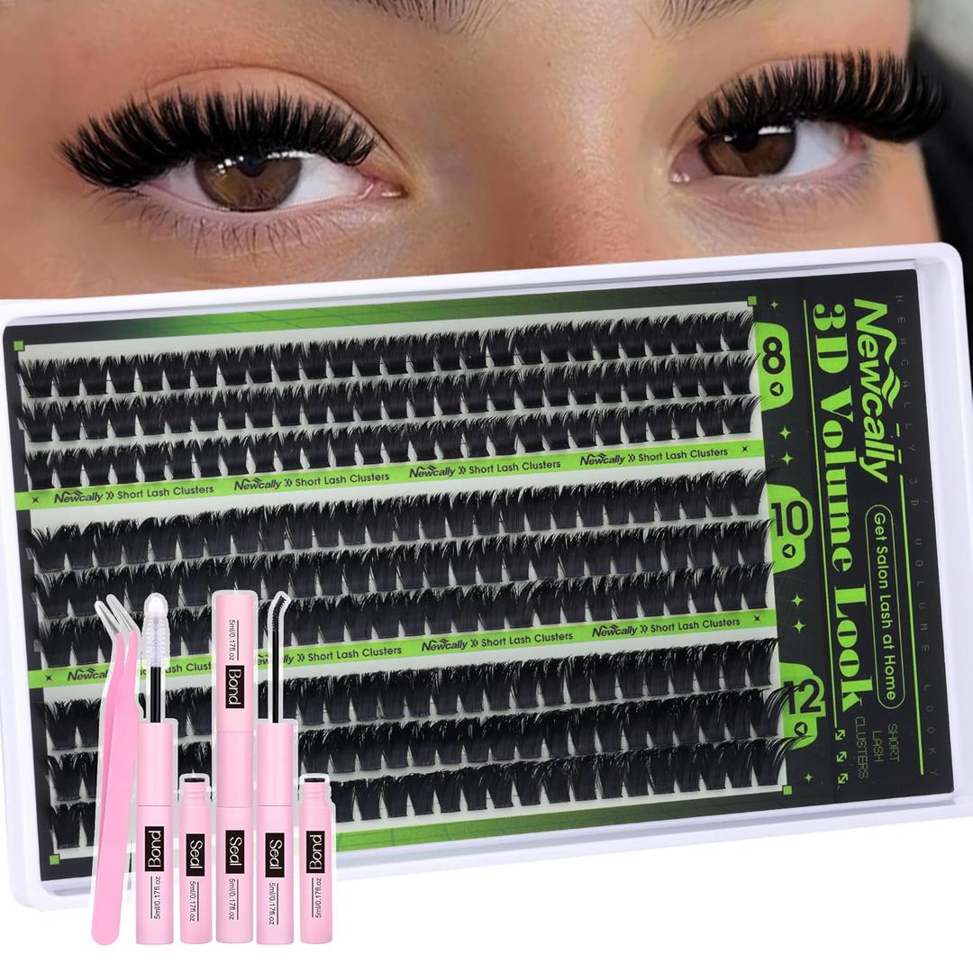 Volume Lash Clusters Kit 8-10-12MM Fluffy Eyelash Clusters Short Lash Extension Kit 243 Pcs Thick Clusters Eyelash Extensions D-Curly 3D Look Individual Lashes Kit by Newcally