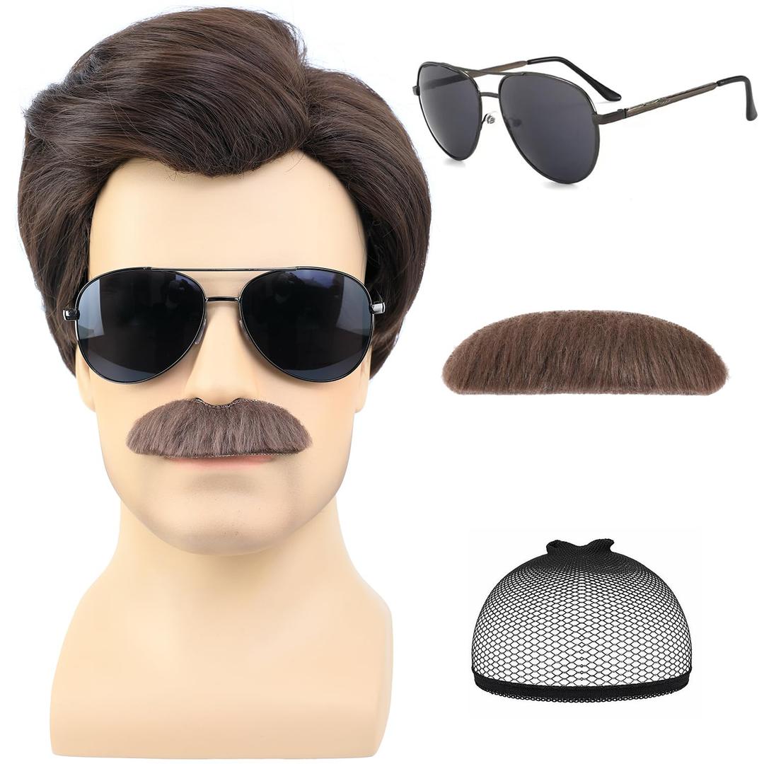 Short Brown Men Wig with Mustache and Sunglasses for 70s 80s Costume Cosplay Halloween Party