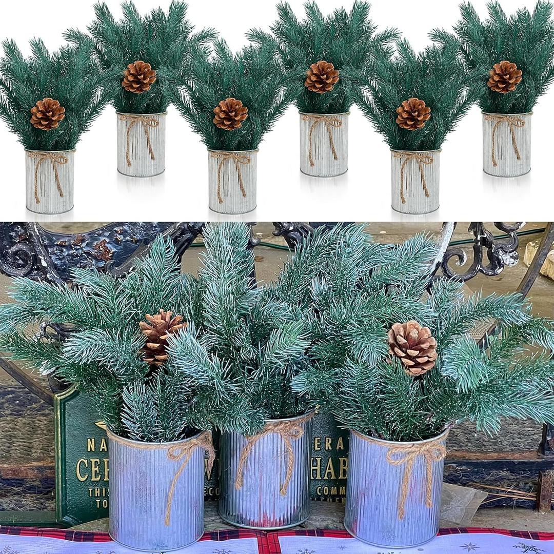 Christmas Decorations Xmas Table Centerpieces - Set of 6 Artificial Cedar Pine Branches with Pinecone with Rustic Metal Vase for Holiday Winter New Year Home Decor