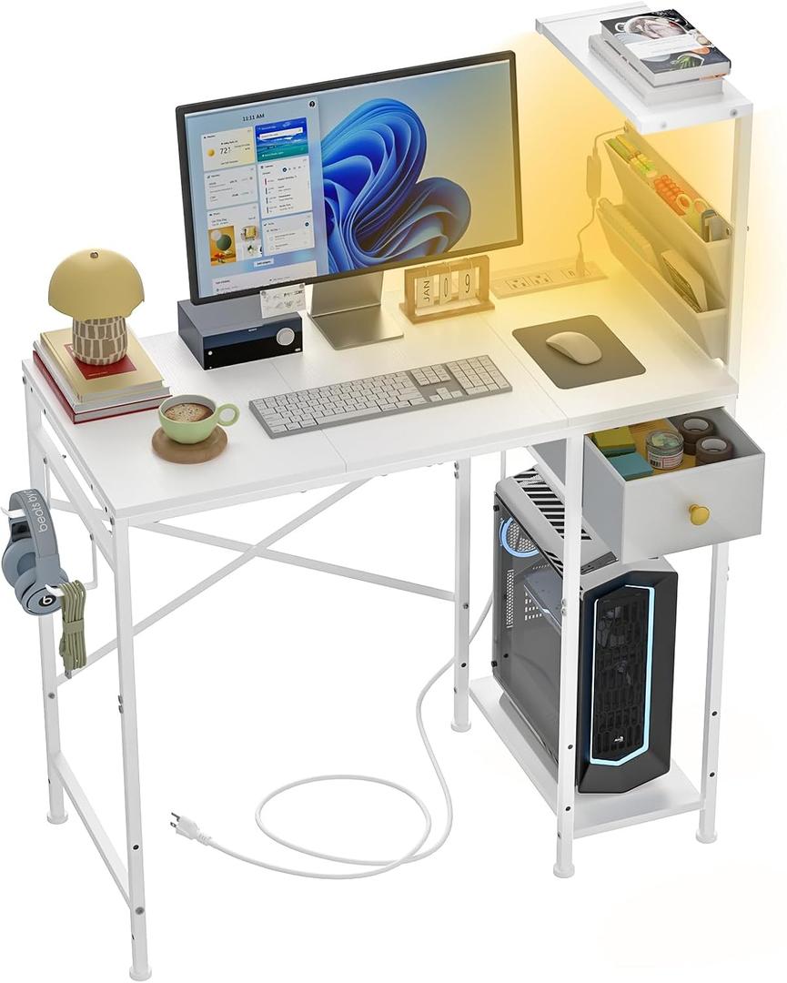 Jakyitvi 33.7" Computer Desk with Power Outlets, LED Lights & Drawer, Small Office Desk with Storage Bag & Hooks, Gaming Desk for Bedrooms or Home Office, Compact Study Desk for Small SpacesWhite