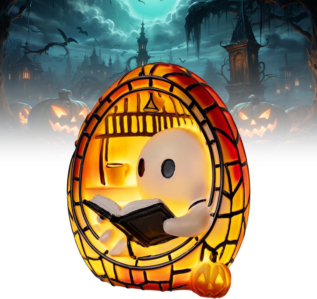 Halloween Ghost Reading Book Lamp Halloween Ghost Night Light with Flickering Effect, Halloween Lights Indoor Ghost Decor
