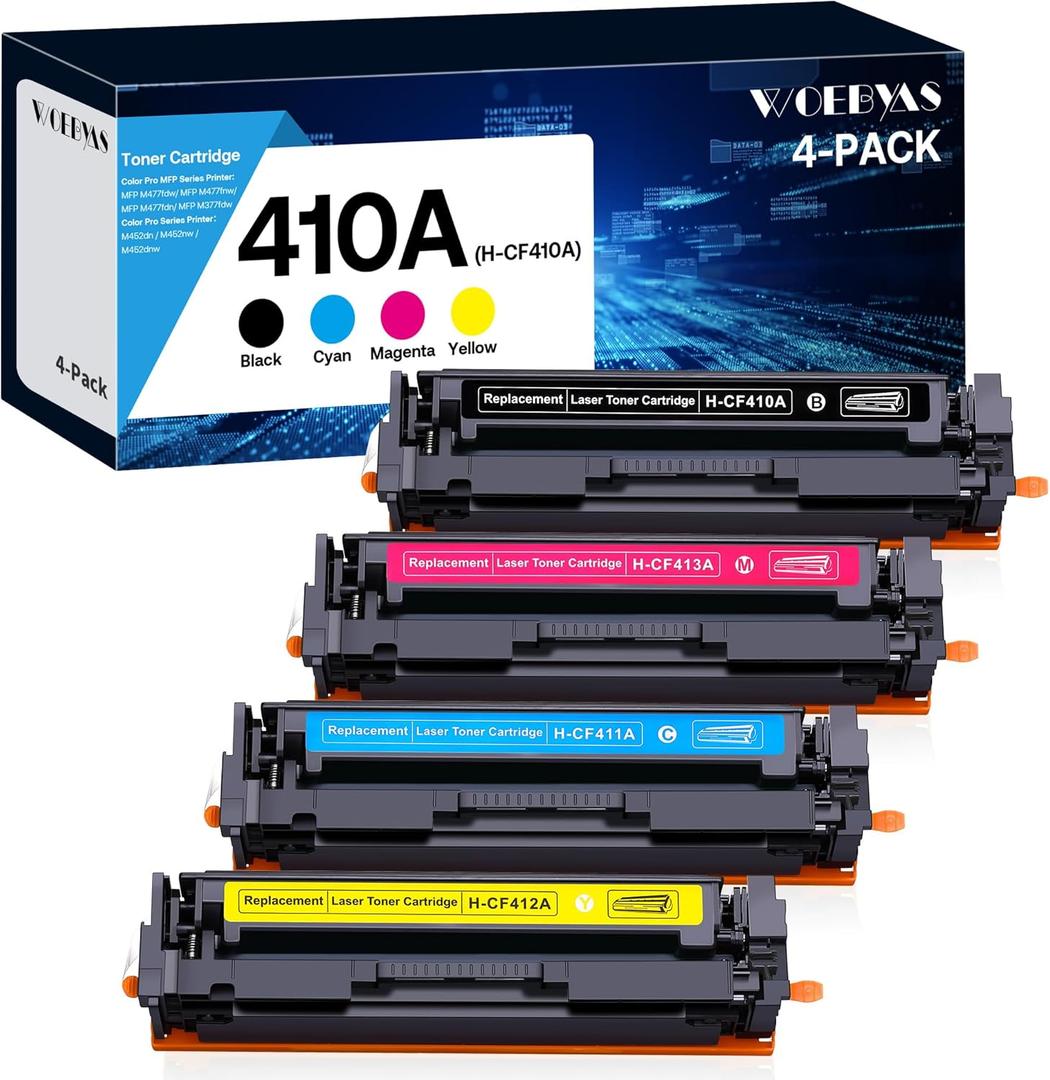 410A Compatible Toner Cartridges Replacement for HP 410X CF410A CF411A CF412A CF413A for M477fnw M477fdw M477fdn M452dn M452nw M452dw Printer, 4-Pack