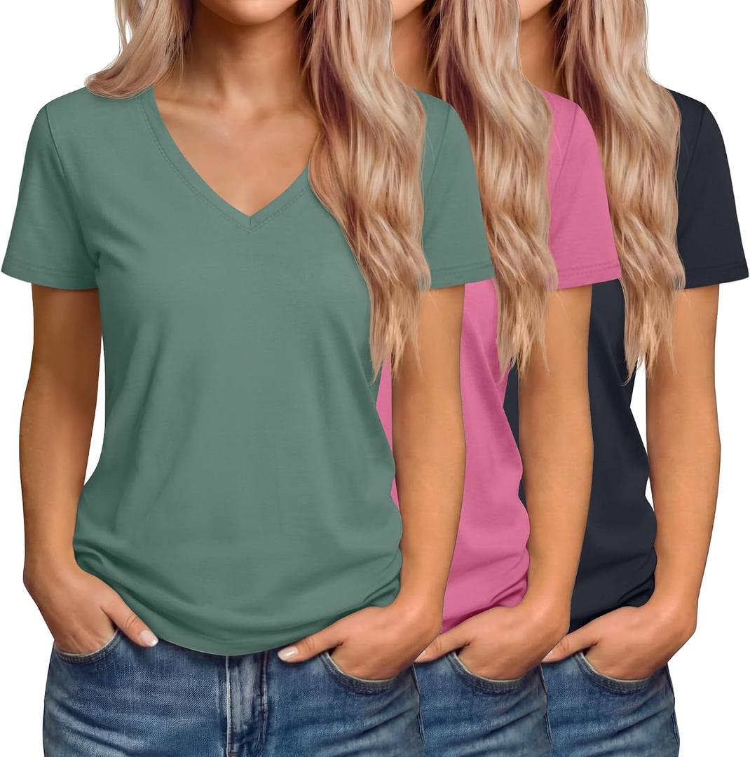 Riyiper 3 Pack Women's V Neck T-Shirts Short Sleeve Loose Fit Tops Casual Basic Trendy Straight Hem Plain Tees (XXL)