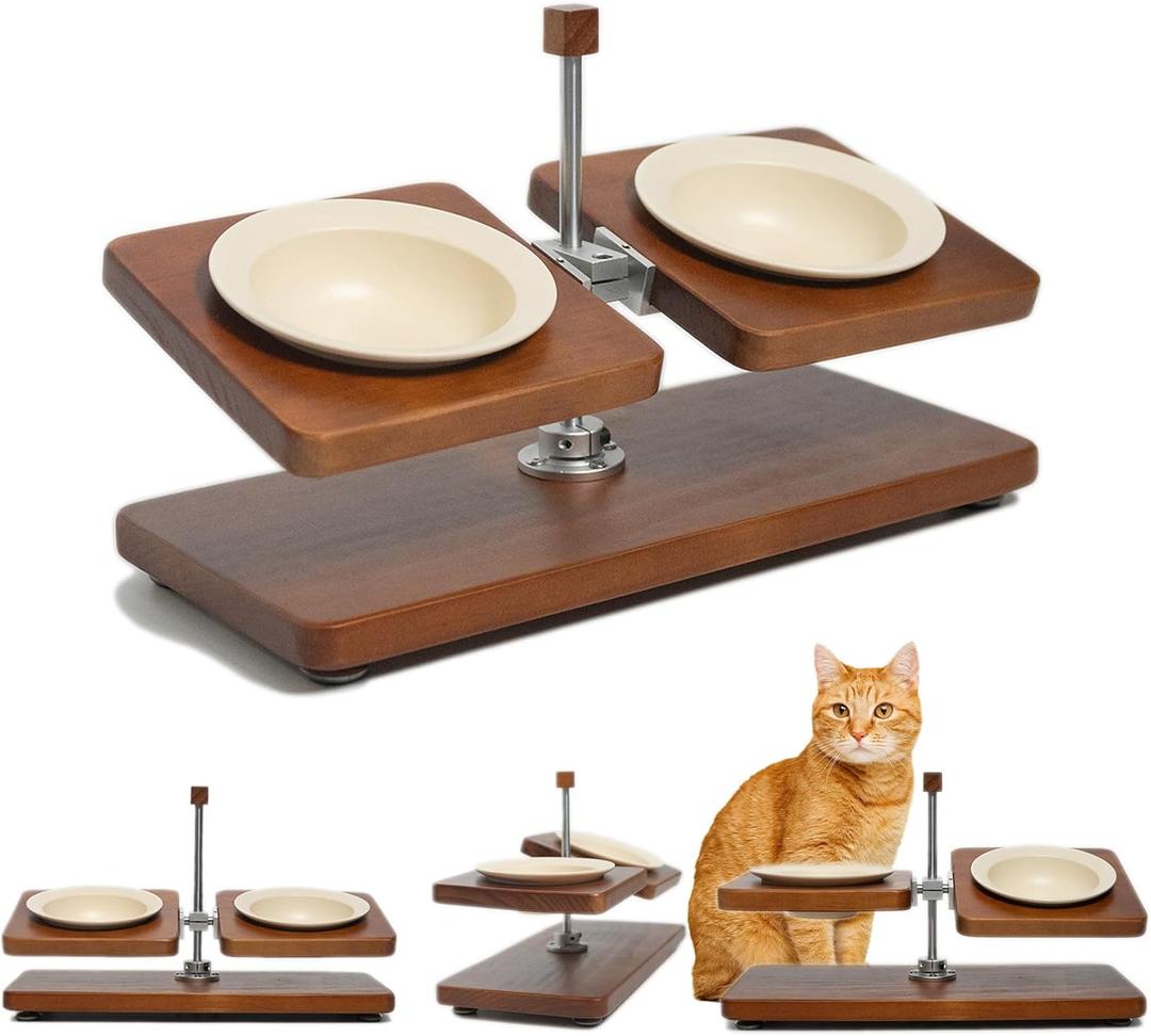 Upgraded Adjustable Elevated Pet Food Stand - Raised Wooden Cat Bowls & Dog Bowls Holder with Ceramic Dishes for Small Puppy & Kitten, Non-Slip 2-8'' Height Rotatable Platform (Walnut-White)
