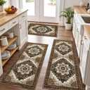 Tritard 100% Non Slip Kitchen Rugs Sets of 3 Washable Boho Kitchen Mats for Floor Vintage Farmhouse Kitchen Rug Soft Runner Rug for Hallway, Laundry Room, Indoor Entryway, Brown (20"x32"+20"x48"+20"x59")