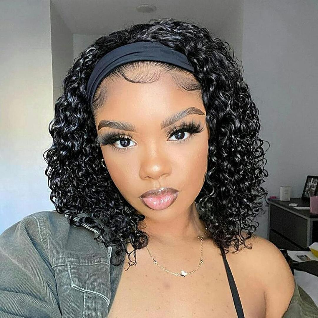 Aisaide Curly Headband Wigs for Black Women, Synthetic Deep Wave Half Wigs, Glueless Short Natural Black 14Inch 1B