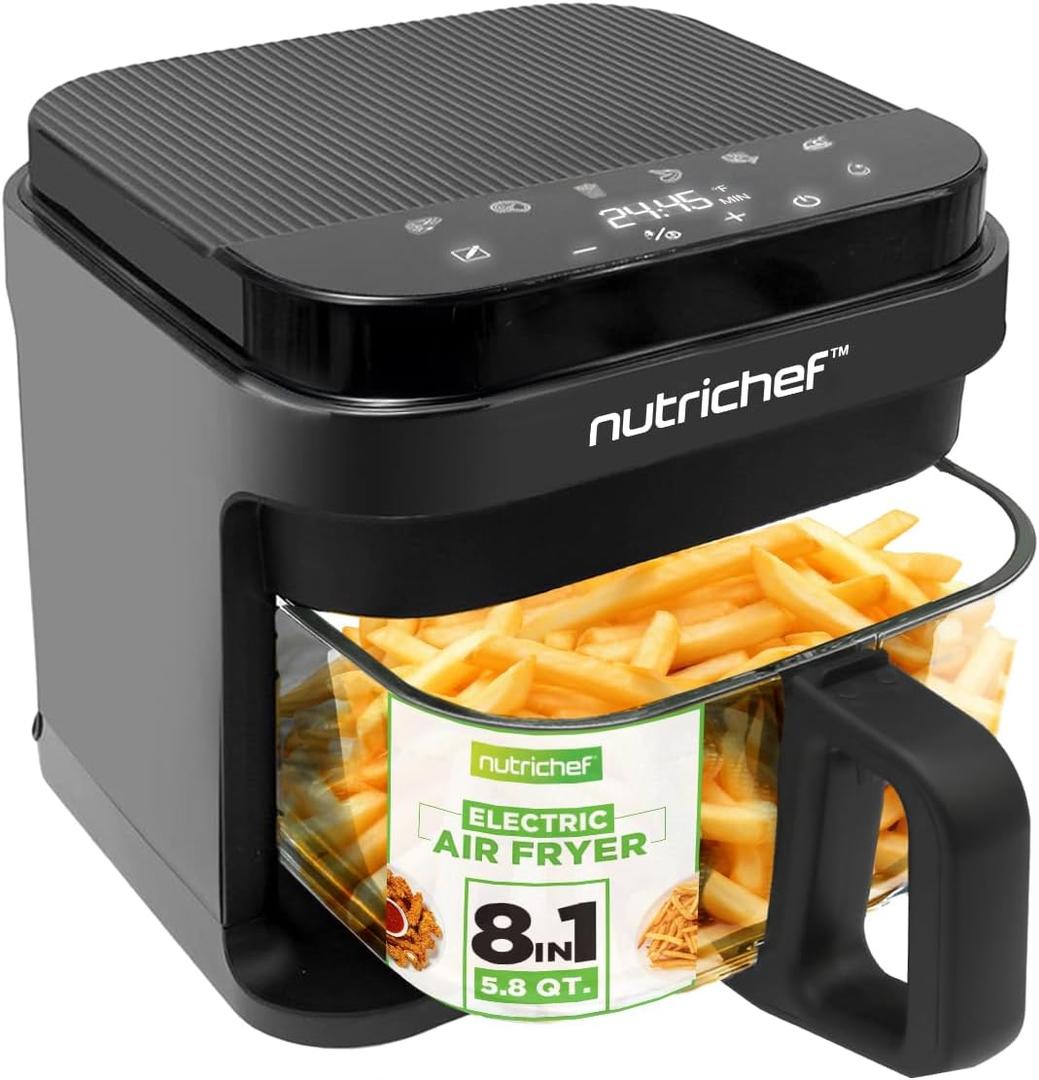 Nutrichef 5.8 Quart Air Fryer | 8-1 Preset Cook Modes | Transparent Fry Bowl for Best Cooking Results | Cook Shrimp, Steak, Fries, Wings, Chicken & More | Precise Temperature Control & Time | Grey, 14.0" X 11.6" X 11.1" -Inches