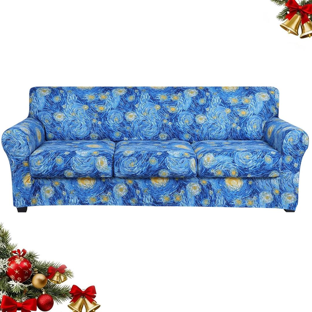 hyha Couch Cover, Floral Pattern, Stretch, Printed, 4 Pieces, Sofa Slipcovers, for 3 Separate Cushion Couch, Washable Furniture Protector for Dogs(Sofa, Starry Sky) (Large)