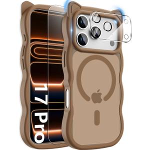 3 in 1 Magnetic for iPhone 17 Pro Case for Women Girls,1X Screen Protector+1X Camera Lens Protector,Compatible with MagSafe,Translucent Matte,Cute Cat-Ear Wavy Phone Case,6.3",Brown