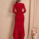 GLNEGE Long Sleeve Fall Wedding Guest Formal Dresses V Neck Ruffles Ruched Cocktail Bodycon Midi Dress for Women Wine (Red, S)