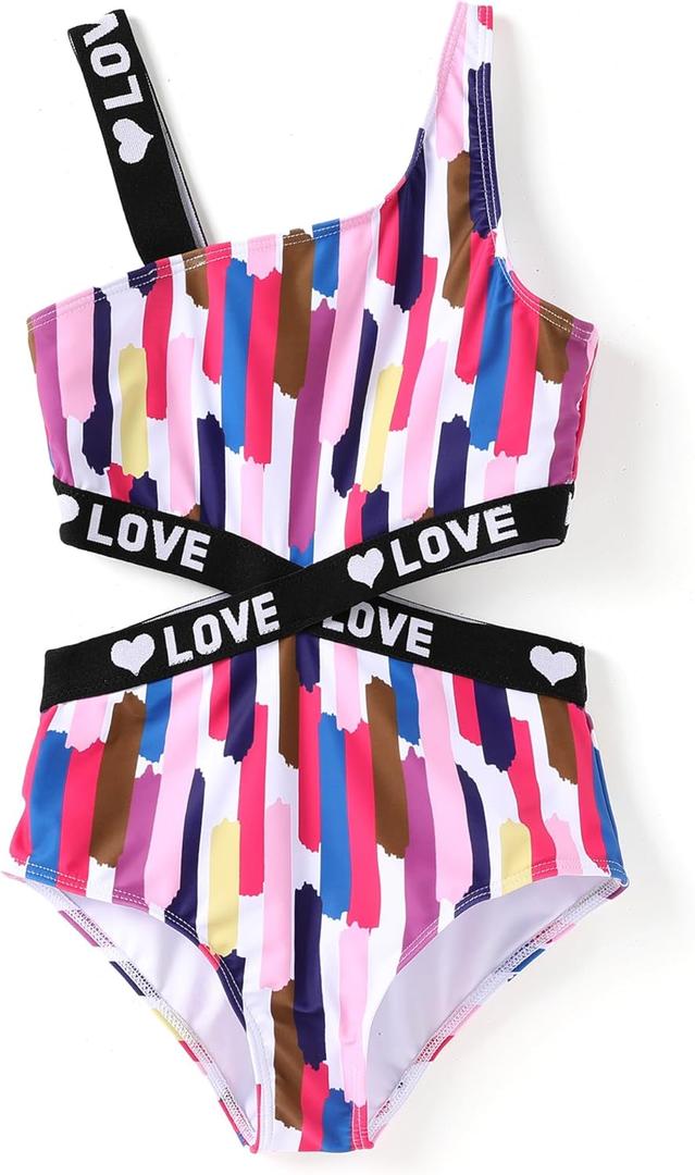 PATPAT Girls One Piece Swimsuits Floral Tropical Bathing Suit Cutout Swimwear Beachwear (3T, Coloredstripes)