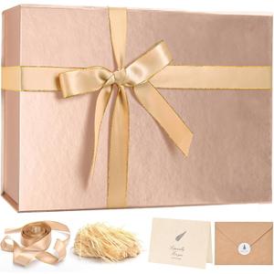 LIFELUM Rose Gold Gift Box 14"x8.5"x4.5" Decorative Gift Boxes for Presents for Anniversary, Wedding, Proposal, Birthday Gifts with Lid, Ribbon, Shredded Filler Card