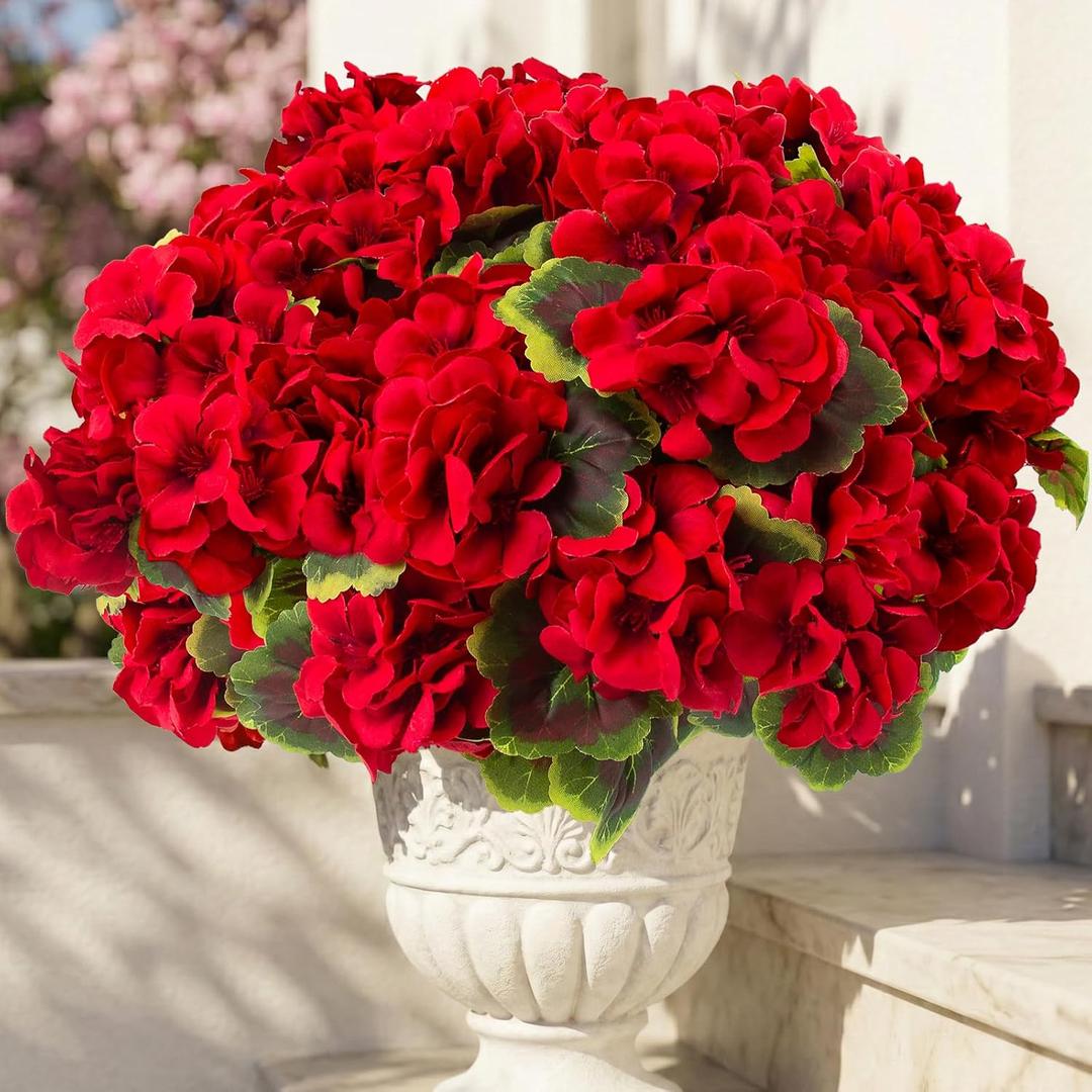 lovemoon 16 Pcs Artificial Geranium Plant Realistic Silk Flowers for Outside UV Resistant Faux Geraniums Flowers for Indoor Outdoor Home Garden Office Decoration (16, Red)