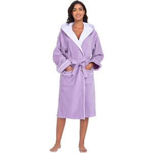 Bathrobe for Women, 100% Cotton Spa Robe, OEKO-TEX, Terry Velour, Knee Length (Runs Small, Size Up) (Large, Lavender Purple)