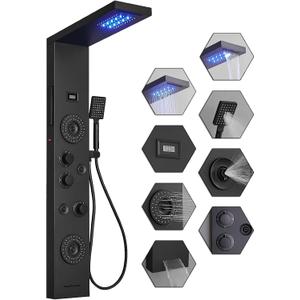 Shower Panel LED Rainfall Waterfall Shower Head Light Bathroom Shower Panel Tower System Rain Massage 6-Functions with Handheld Shower Tub Spout Body Jet Temperature Display Wall Mount