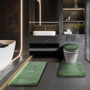 Bathroom Rugs Sets 3 Piece with Adjustable Toilet Seat Cover 17.5"x 15" Machine Washable Bath Rug Set with TPR Non Slip Rubber Backing Solid Bath Mat Set for Luxury Bathroom Decoration (Green)