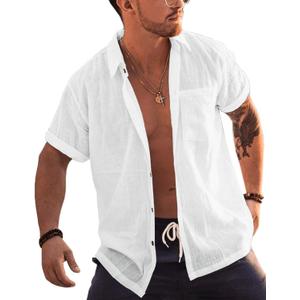 Bbalizko Mens Short Sleeve Button Up Shirts Linen Cotton Beach Tops Spread Collar Plain Summer T Shirt with Pocket (Medium)
