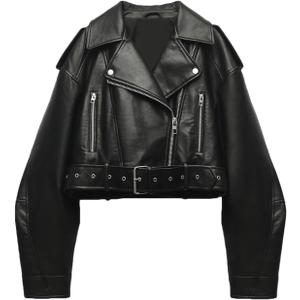 LY VAREY LIN Women Faux Leather Cropped Jacket Lapel Zipper Biker Short Coat with Belt (Small, 2371black)