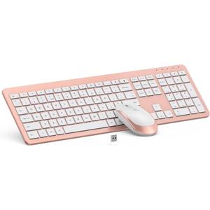 Wireless Keyboard and Mouse Combo - Full Size Slim Thin Wireless Keyboard Mouse with Numeric Keypad 2.4G Stable Connection Adjustable DPI - Rose Gold & White