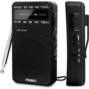 PRUNUS J-166 Portable Radio AM FM, Battery Operated Radio with Tuning Light, Back Clip, Excellent Reception, AM FM Radios Portable, Transistor Radios (Black)