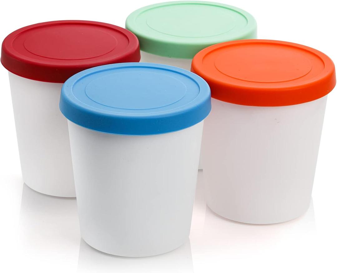 Peohud 4 Pack Ice Cream Containers, 1 Quart Freezer Storage Tubs with Silicone Lids for Ice Cream, Sorbet and Gelato, Freezer Dishwasher Safe