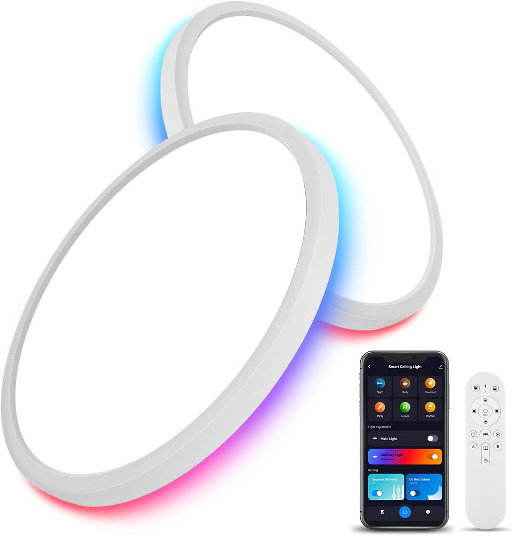 2 Pack Smart RGB LED Ceiling Light with Remote, 12" WiFi Flush Mount Ceiling Light Works with Alexa & Google Home, 24W=2400LM Dimmable, DIY Colors & 2700K-6500K, for Bedroom Living Room