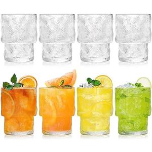 Frcctre 8 Pack Stackable Drinking Glasses, 6.5 OZ Romantic Lowball Cocktail Glasses, Small Vintage Fluted Glassware Glass Tumblers Cups for Iced Coffee, Juice, Beer, Soda, Coocktail